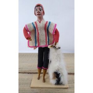 Vintage 1984 Peruvian Folk Art Doll Man & Llama Painted Face Handmade 8" Decor